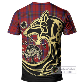 Leslie Red Tartan T-Shirt with Family Crest Celtic Wolf Style