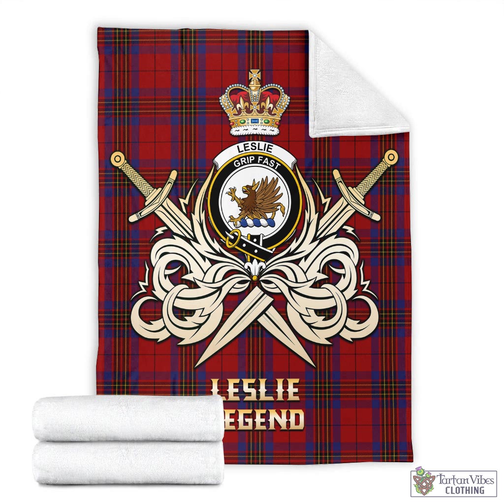 Tartan Vibes Clothing Leslie Red Tartan Blanket with Clan Crest and the Golden Sword of Courageous Legacy