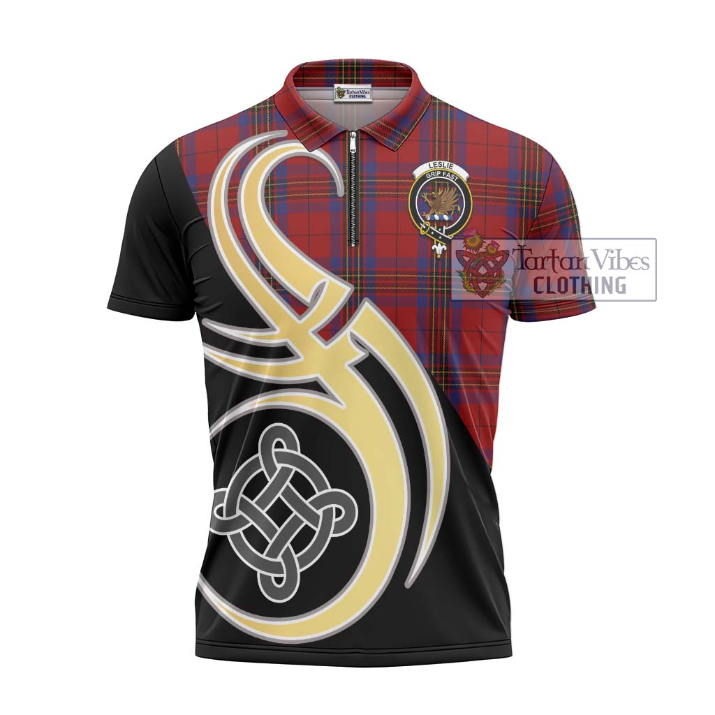 Tartan Vibes Clothing Leslie Red Tartan Zipper Polo Shirt with Family Crest and Celtic Symbol Style