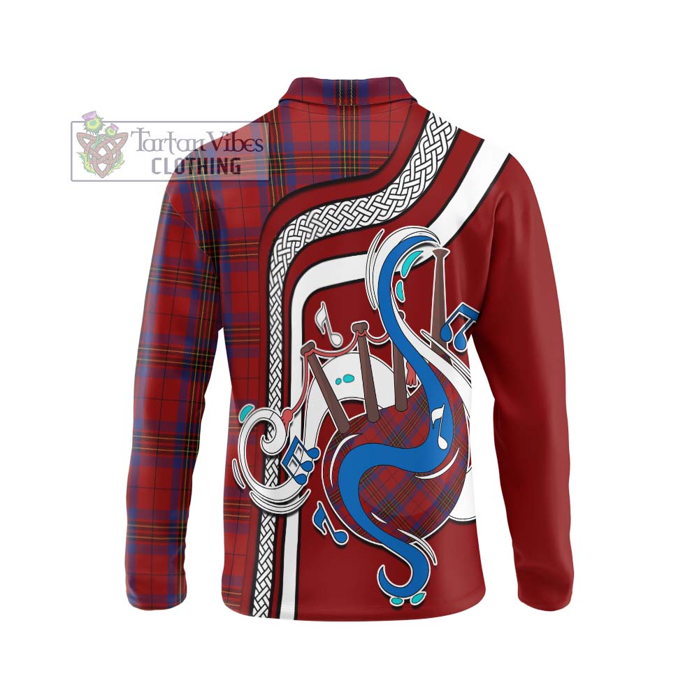 Tartan Vibes Clothing Leslie Red Tartan Long Sleeve Polo Shirt with Epic Bagpipe Style