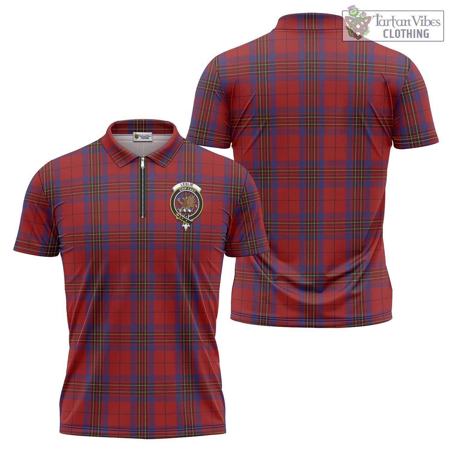 Tartan Vibes Clothing Leslie Red Tartan Zipper Polo Shirt with Family Crest