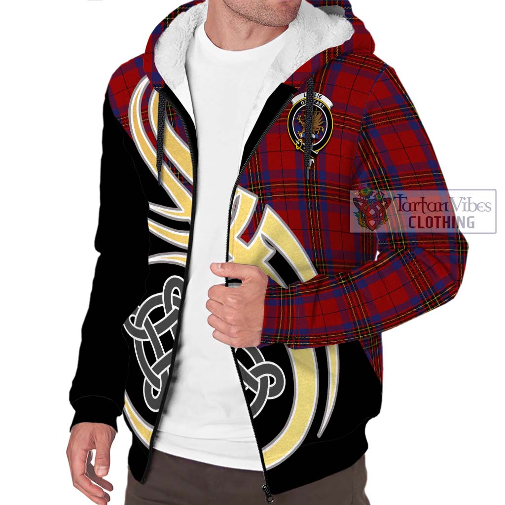 Leslie Red Tartan Sherpa Hoodie with Family Crest and Celtic Symbol Style - Tartan Vibes Clothing