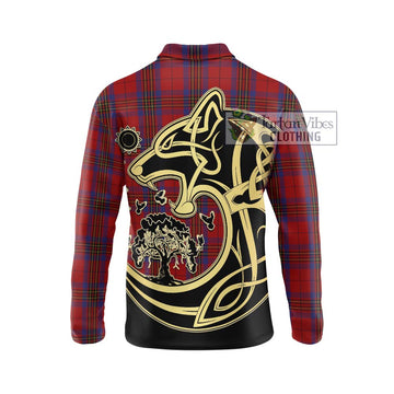 Leslie Red Tartan Long Sleeve Polo Shirt with Family Crest Celtic Wolf Style