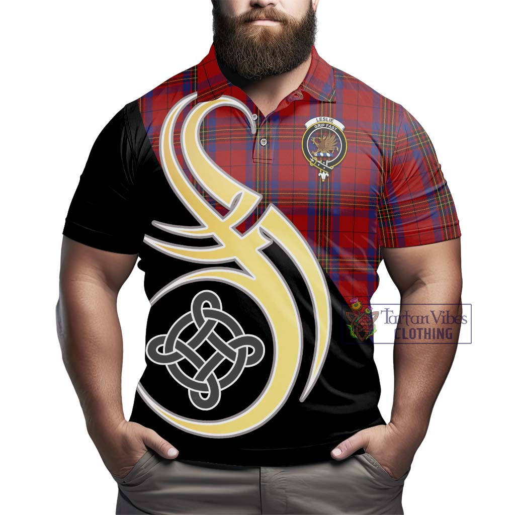 Leslie Red Tartan Polo Shirt with Family Crest and Celtic Symbol Style - Tartan Vibes Clothing