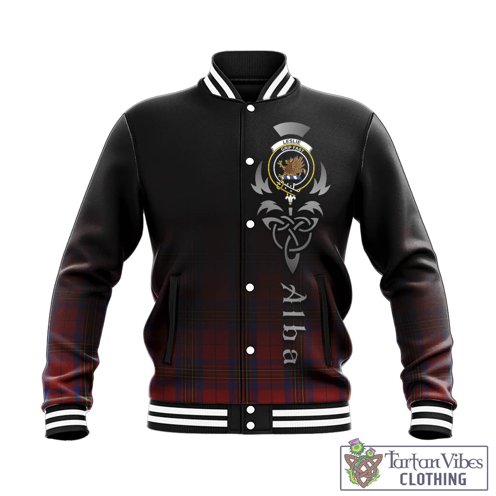 Tartan Vibes Clothing Leslie Red Tartan Baseball Jacket Featuring Alba Gu Brath Family Crest Celtic Inspired