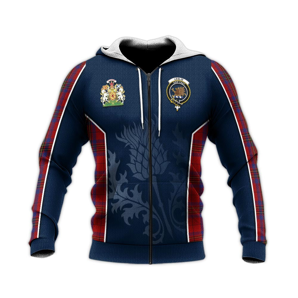 Tartan Vibes Clothing Leslie Red Tartan Knitted Hoodie with Family Crest and Scottish Thistle Vibes Sport Style