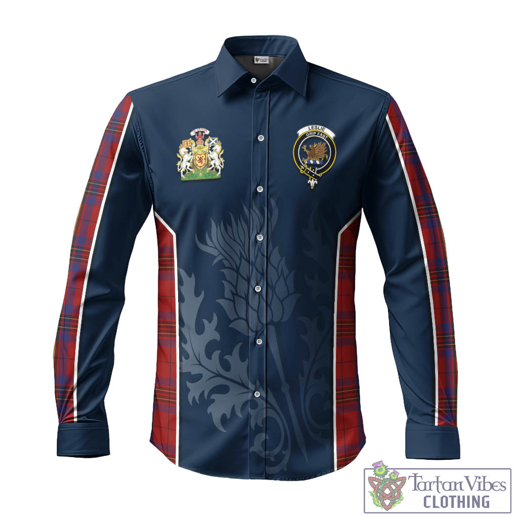 Tartan Vibes Clothing Leslie Red Tartan Long Sleeve Button Up Shirt with Family Crest and Scottish Thistle Vibes Sport Style