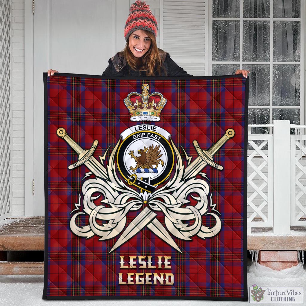 Tartan Vibes Clothing Leslie Red Tartan Quilt with Clan Crest and the Golden Sword of Courageous Legacy