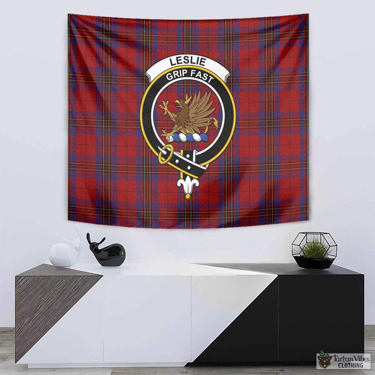 Tartan Vibes Clothing Leslie Red Tartan Tapestry Wall Hanging and Home Decor for Room with Family Crest