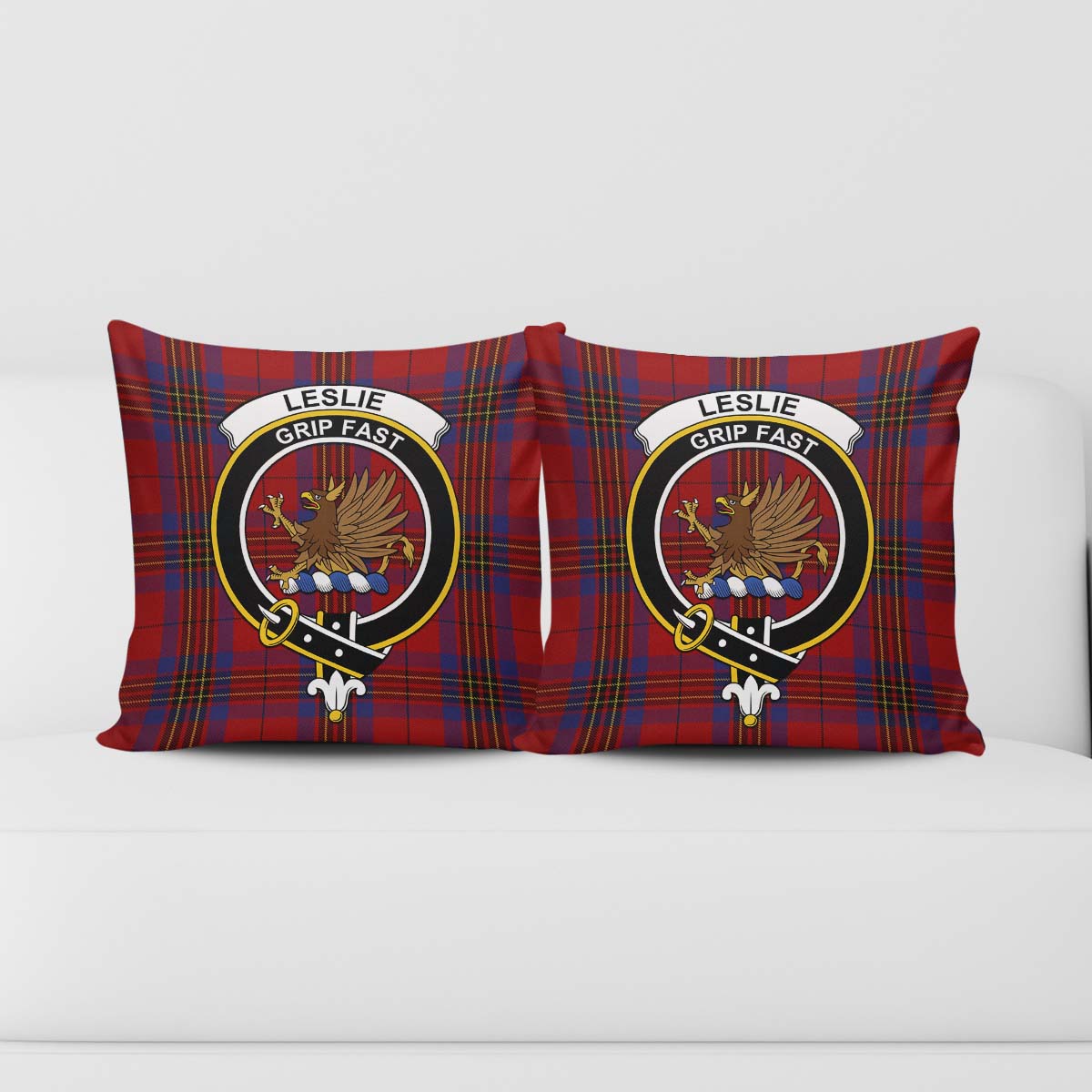 Leslie Red Tartan Pillow Cover with Family Crest - Tartanvibesclothing