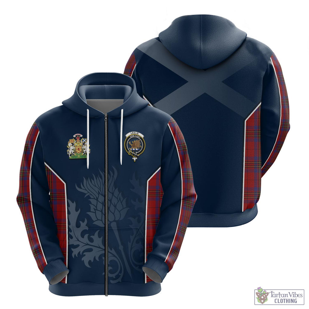 Tartan Vibes Clothing Leslie Red Tartan Hoodie with Family Crest and Scottish Thistle Vibes Sport Style