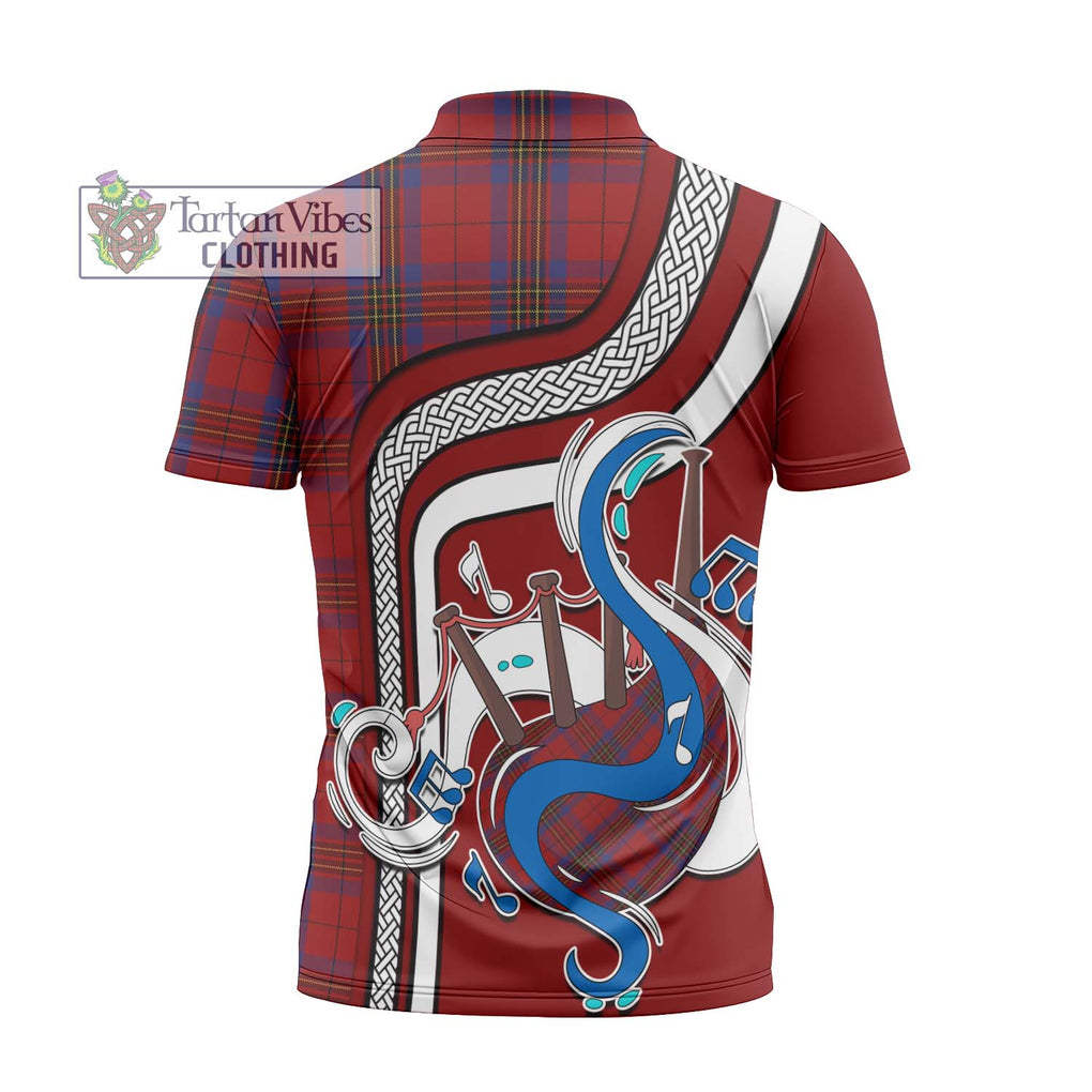 Leslie Red Tartan Zipper Polo Shirt with Epic Bagpipe Style - Tartanvibesclothing Shop