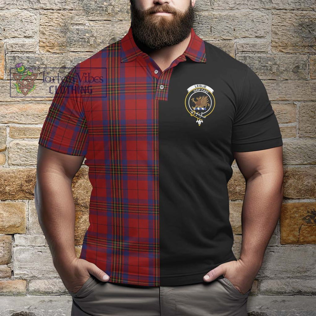 Leslie Red Tartan Polo Shirt with Family Crest and Half Of Me Style - Tartanvibesclothing Shop