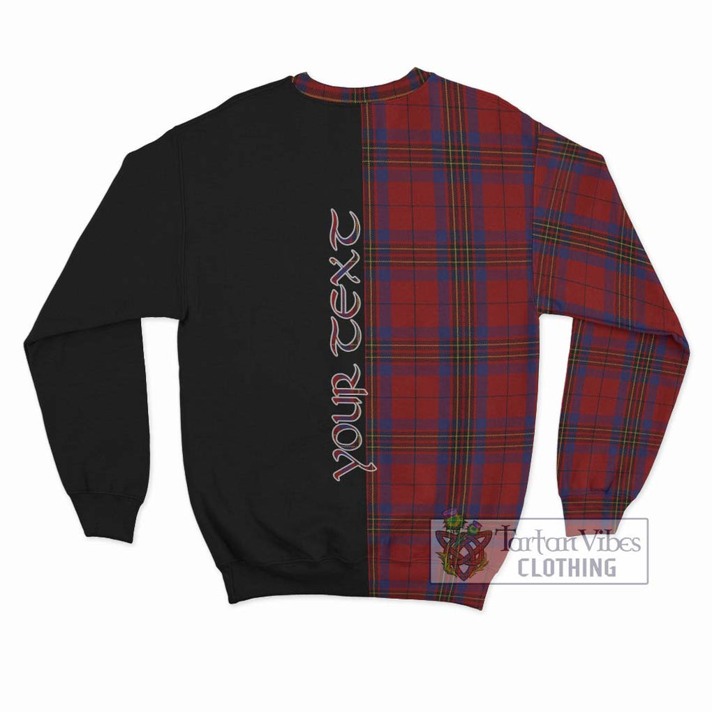 Leslie Red Tartan Sweatshirt with Family Crest and Half Of Me Style - Tartanvibesclothing Shop