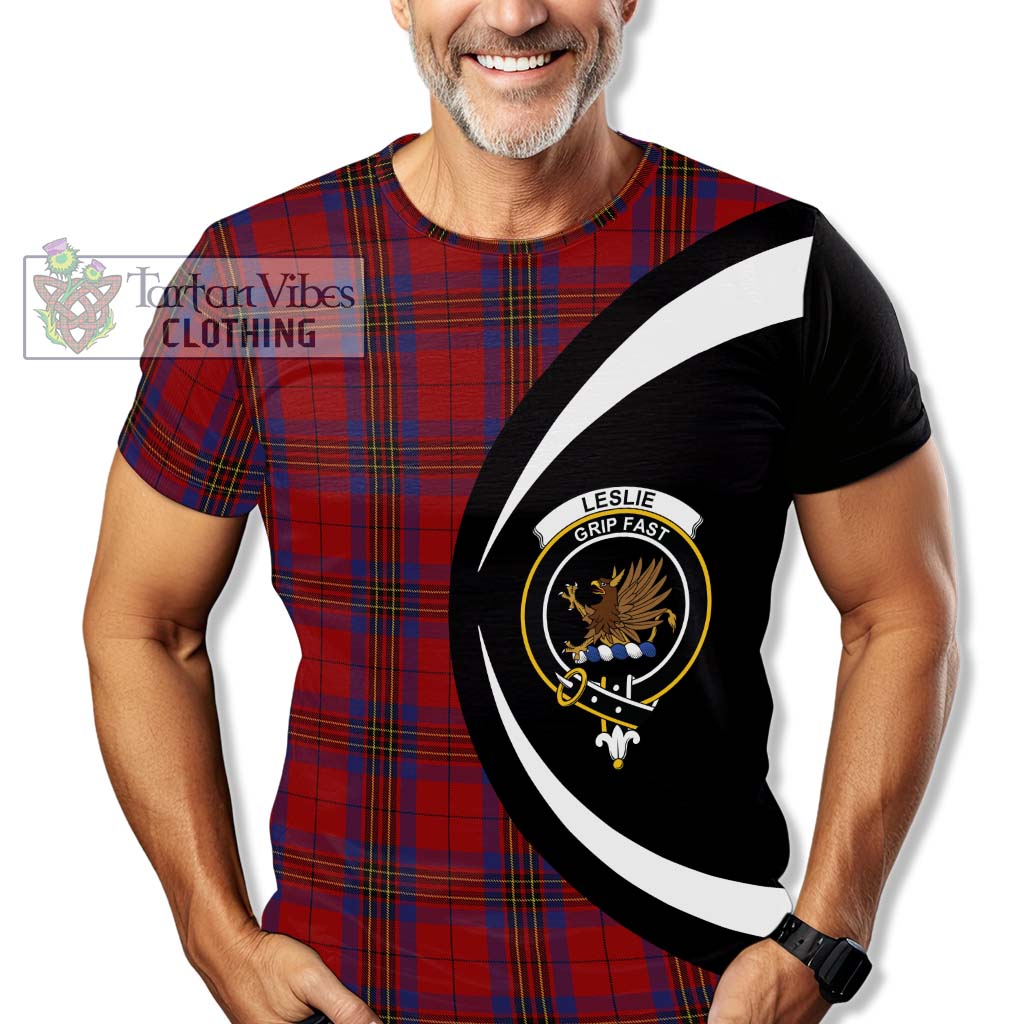 Tartan Vibes Clothing Leslie Red Tartan T-Shirt with Family Crest Circle Style