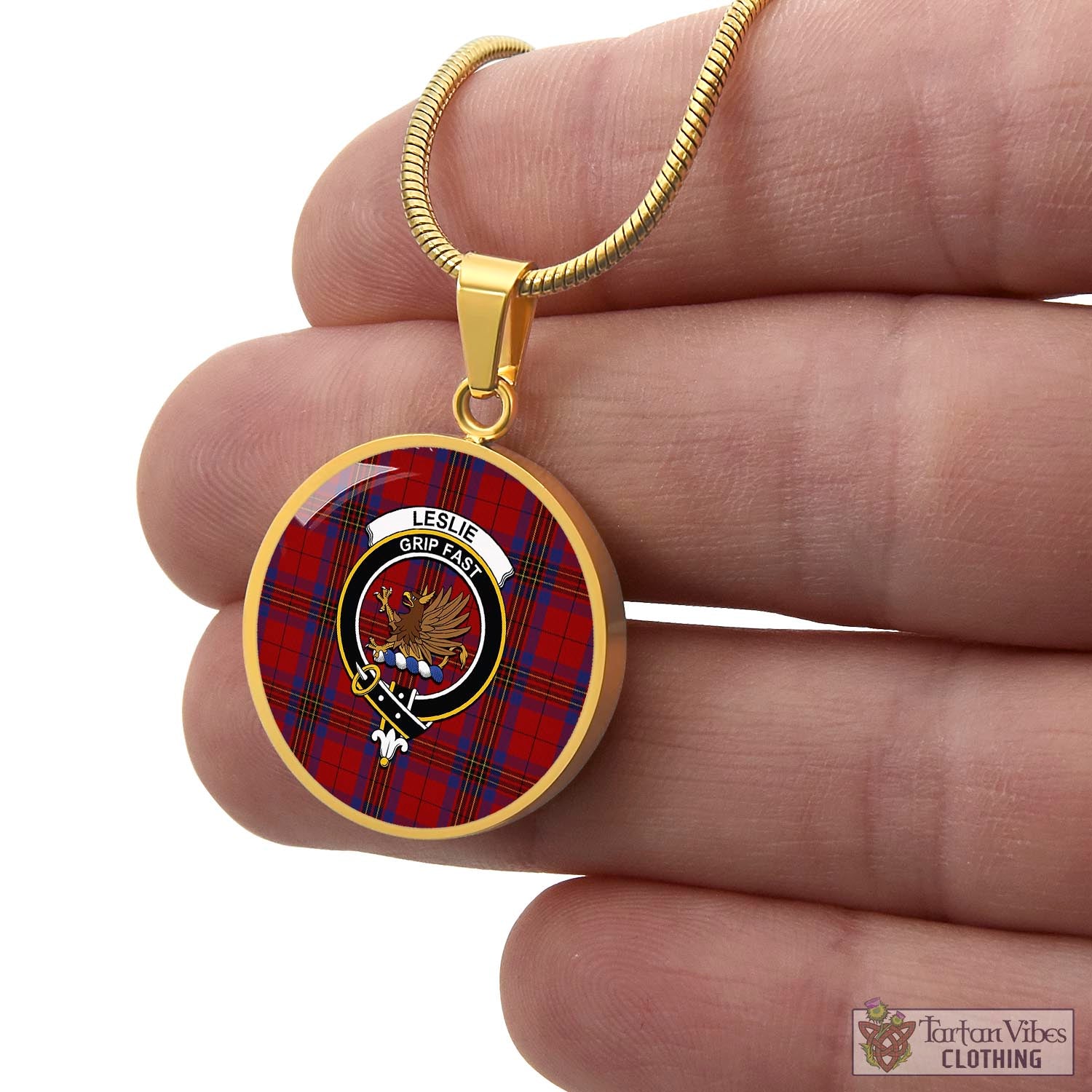 Tartan Vibes Clothing Leslie Red Tartan Circle Necklace with Family Crest