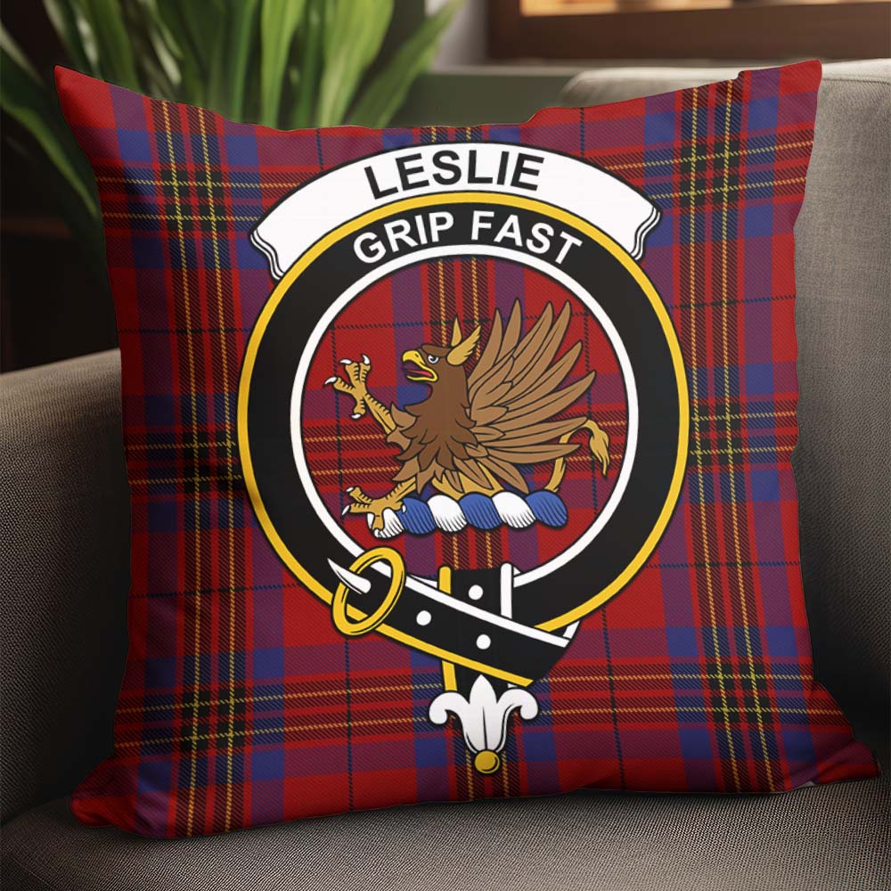 Leslie Red Tartan Pillow Cover with Family Crest - Tartanvibesclothing