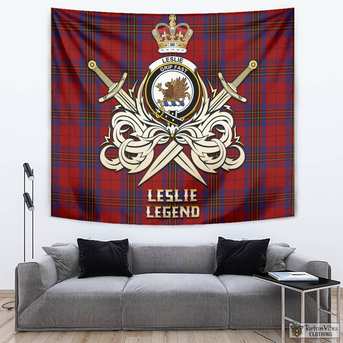 Tartan Vibes Clothing Leslie Red Tartan Tapestry with Clan Crest and the Golden Sword of Courageous Legacy