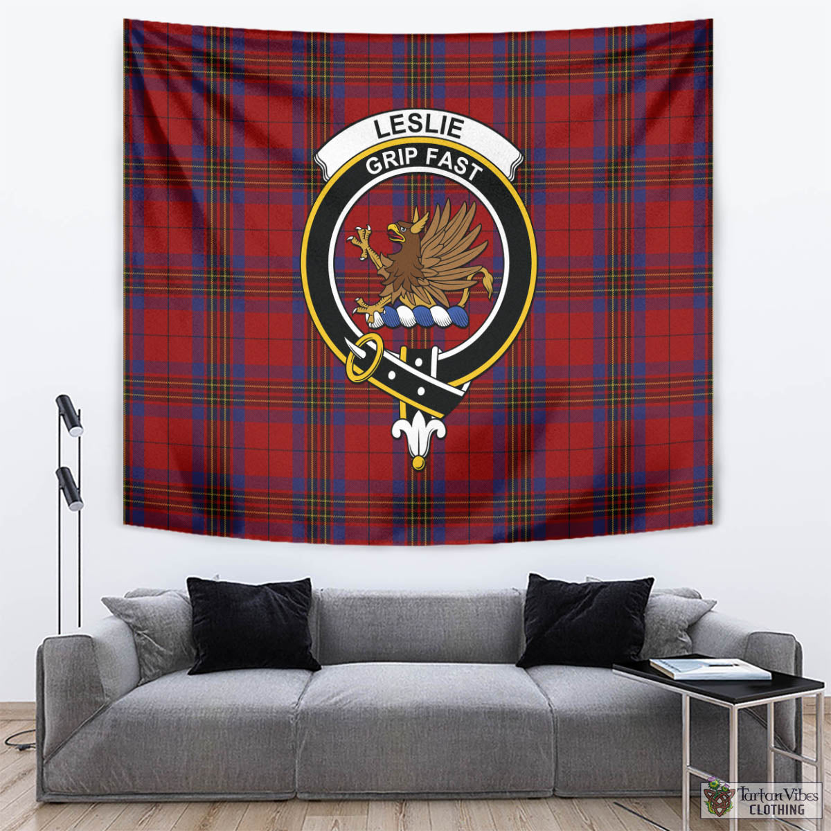 Tartan Vibes Clothing Leslie Red Tartan Tapestry Wall Hanging and Home Decor for Room with Family Crest