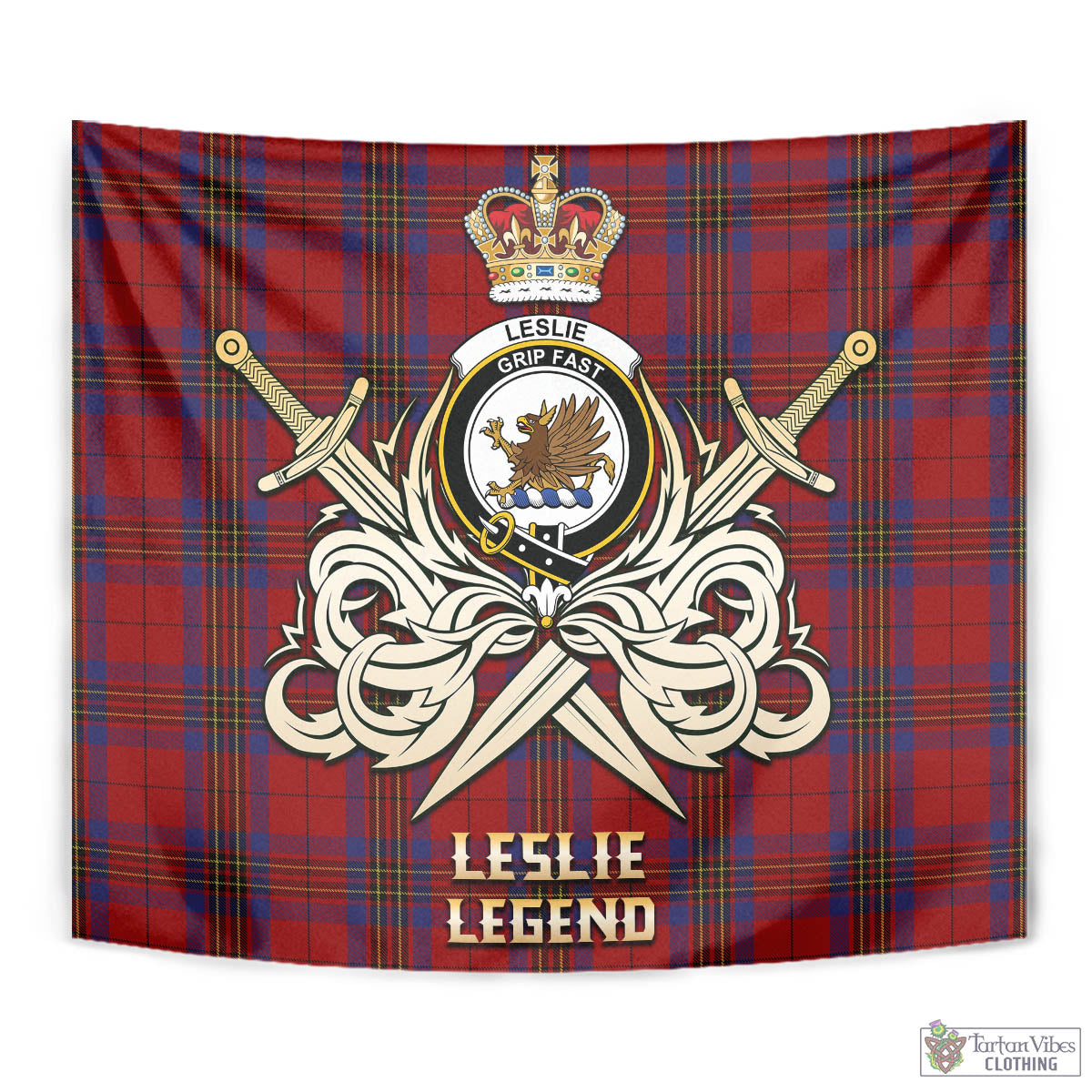 Tartan Vibes Clothing Leslie Red Tartan Tapestry with Clan Crest and the Golden Sword of Courageous Legacy