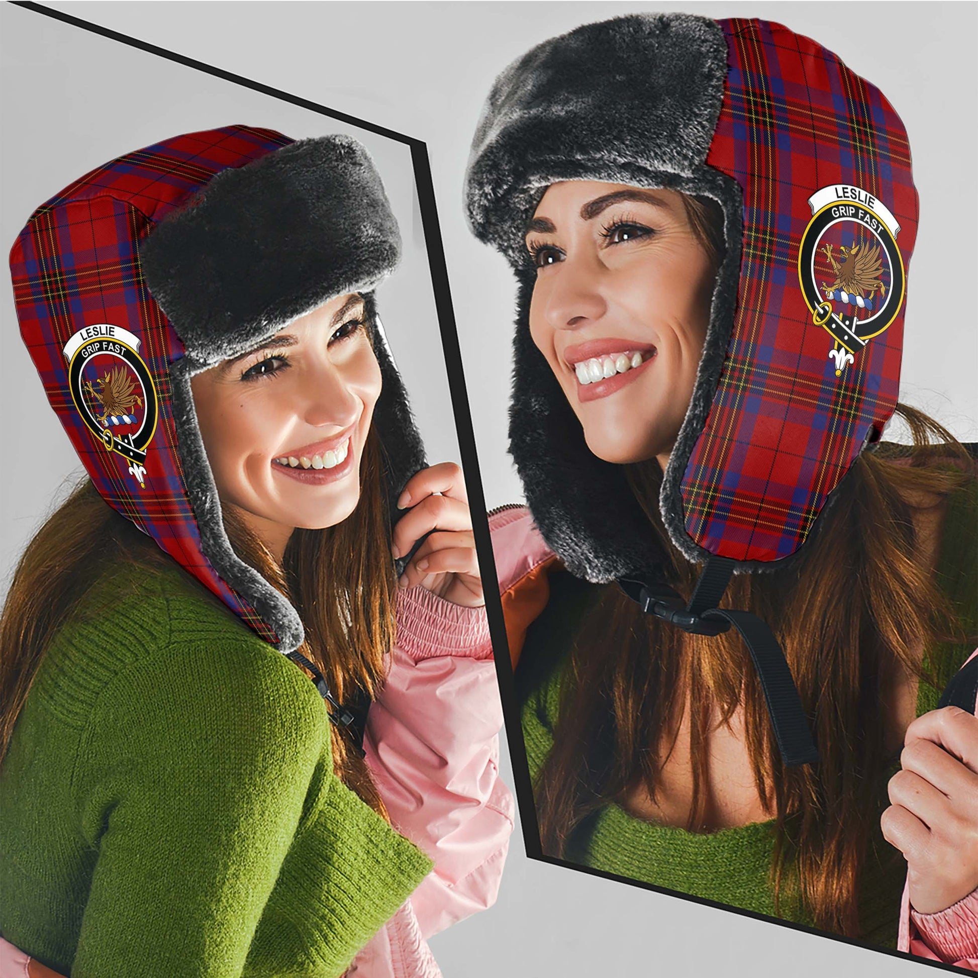 Leslie Red Tartan Winter Trapper Hat with Family Crest - Tartanvibesclothing