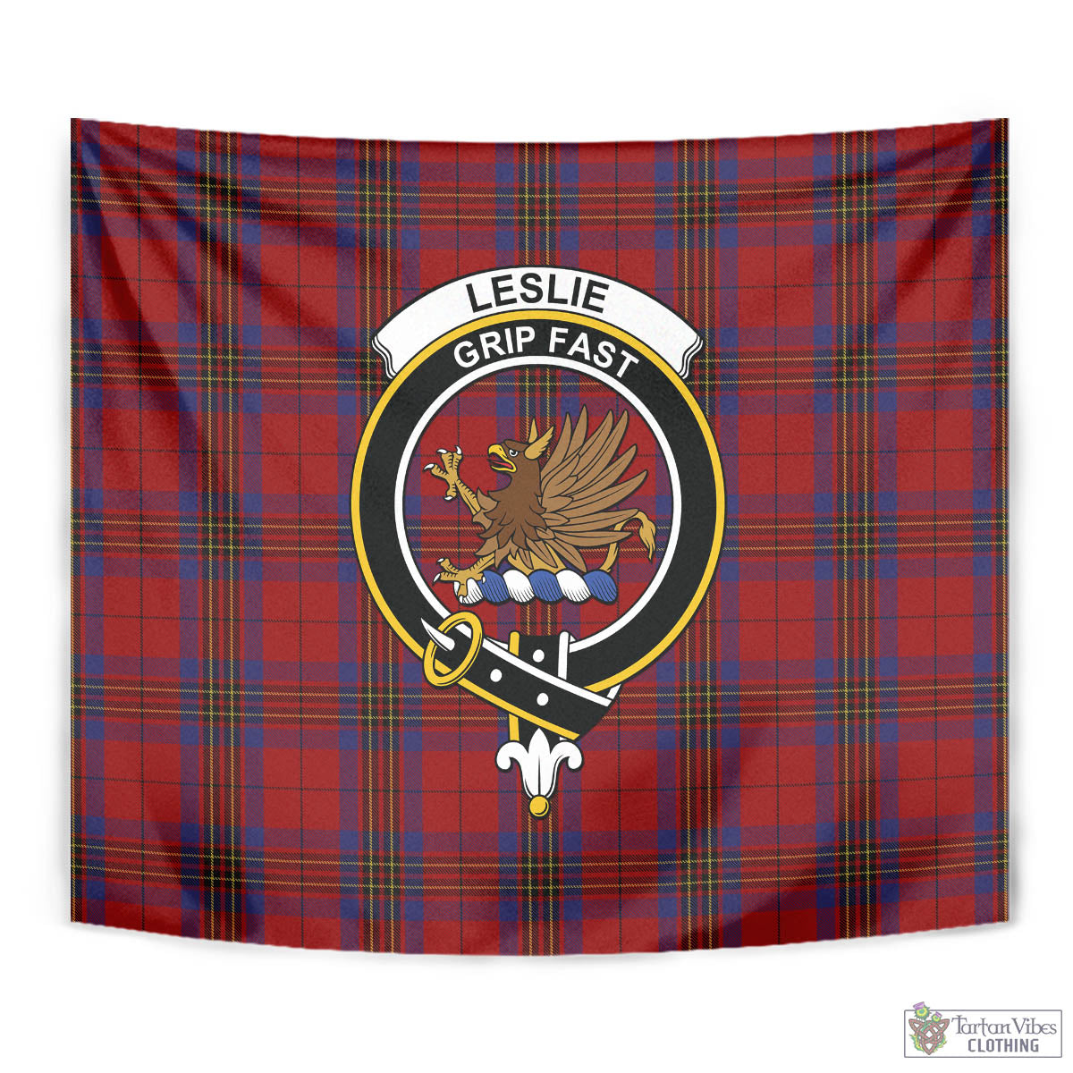 Tartan Vibes Clothing Leslie Red Tartan Tapestry Wall Hanging and Home Decor for Room with Family Crest