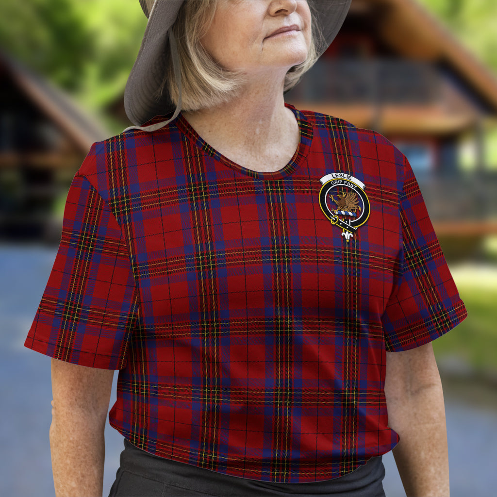 Leslie Red Tartan T-Shirt with Family Crest - Tartan Vibes Clothing