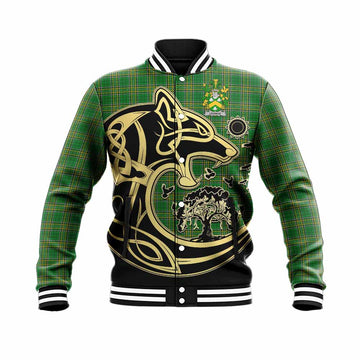Levinge Irish Tartan Baseball Jacket with Coat of Arms Celtic Wolf Style Unisex - Tartan Vibes Clothing