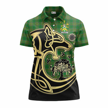 Levinge Irish Tartan Women's Polo Shirt with Coat of Arms Celtic Wolf Style Women - Tartan Vibes Clothing