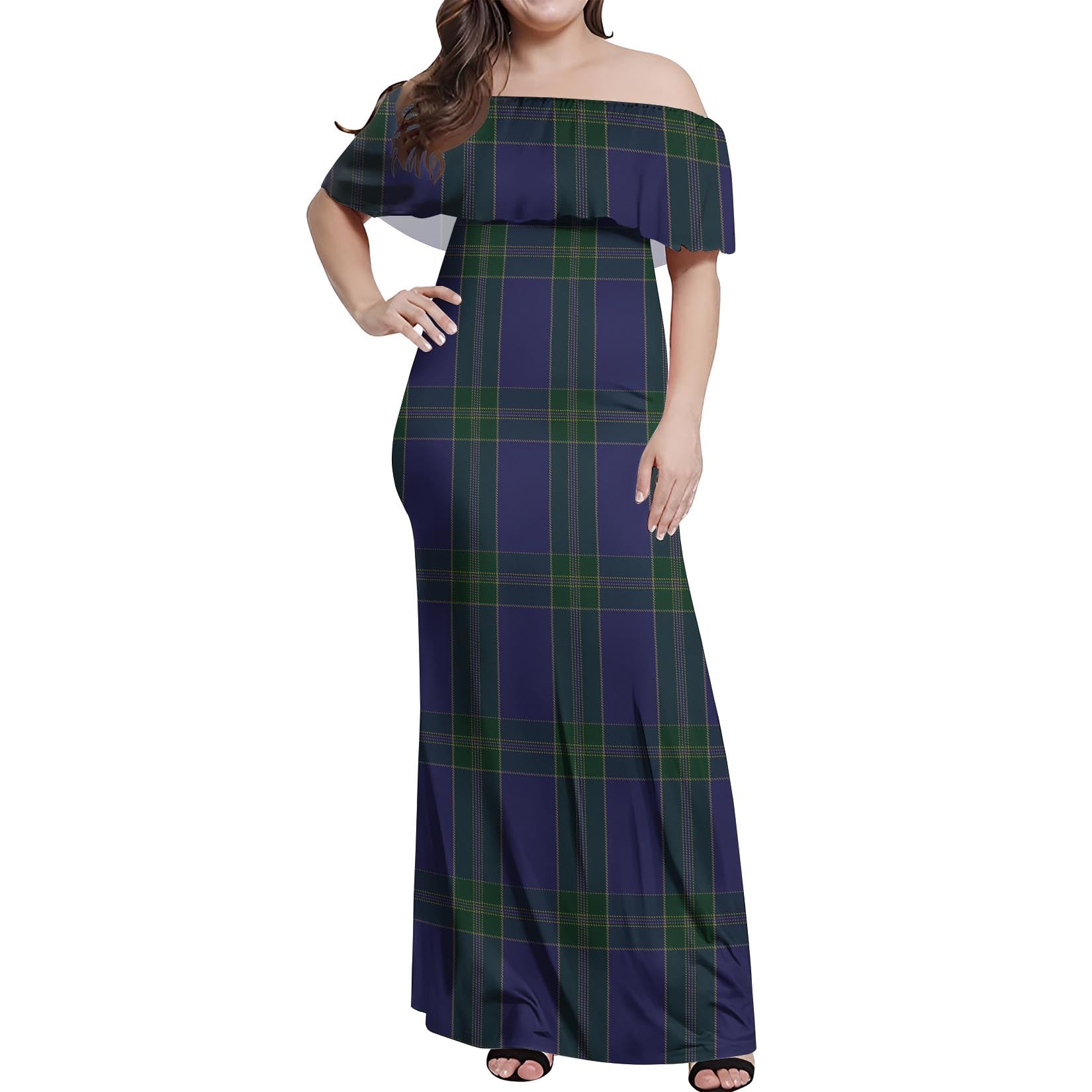 Lewis of Wales Tartan Off Shoulder Long Dress Women's Dress - Tartanvibesclothing