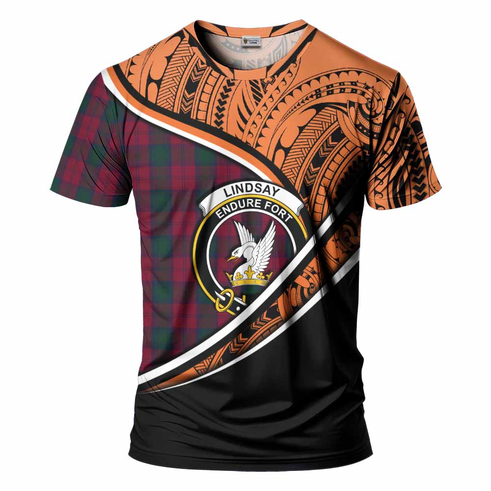 Tartan Vibes Clothing Lindsay Crest Tartan T-Shirt with Maori Tattoo Style - Orange Version