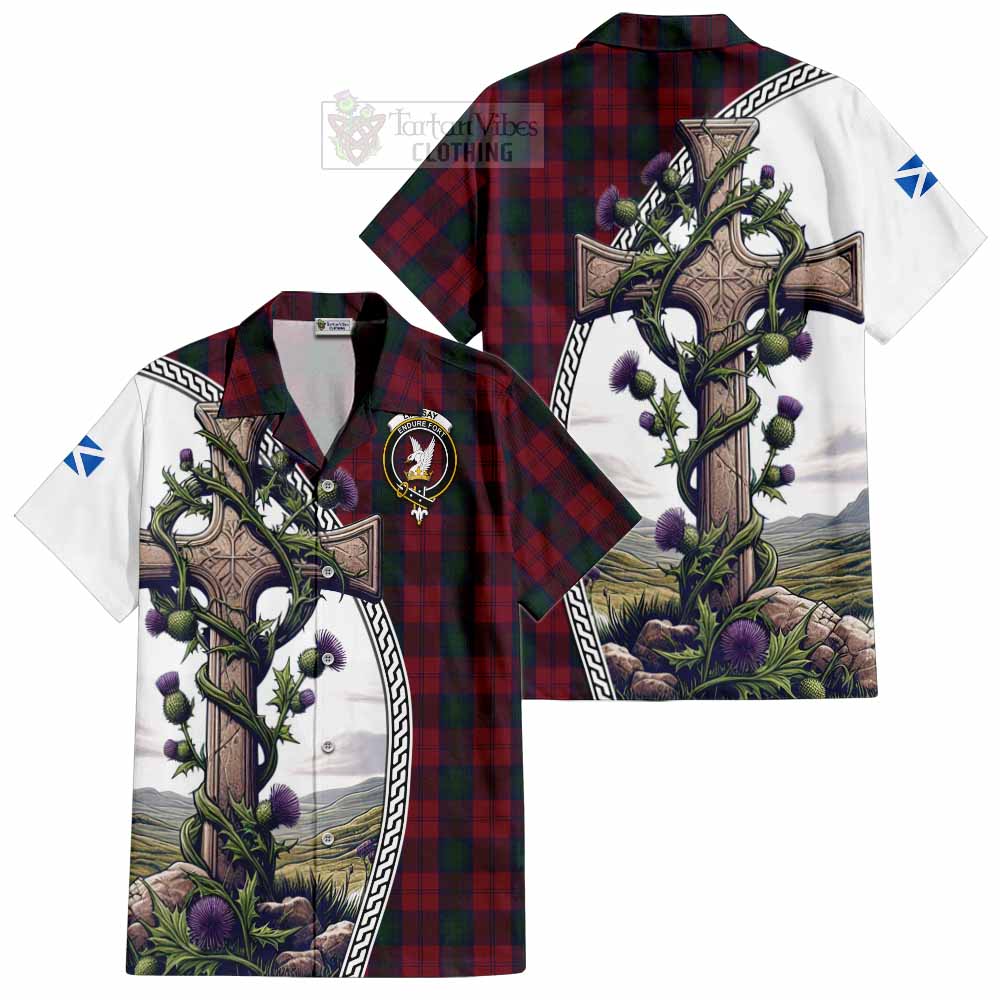 Tartan Vibes Clothing Lindsay Tartan Short Sleeve Button Shirt with Family Crest and St. Andrew's Cross Accented by Thistle Vines