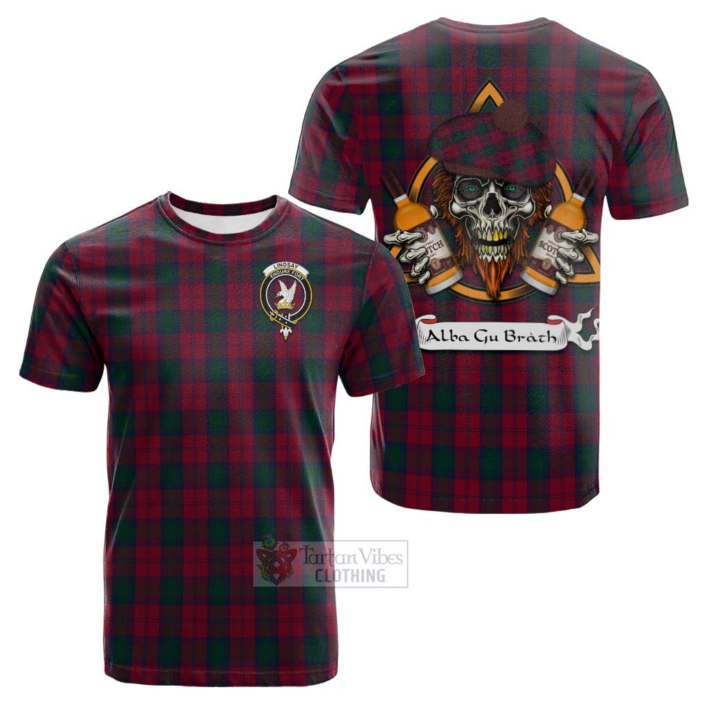 Tartan Vibes Clothing Lindsay Tartan Cotton T-shirt with Family Crest and Bearded Skull Holding Bottles of Whiskey