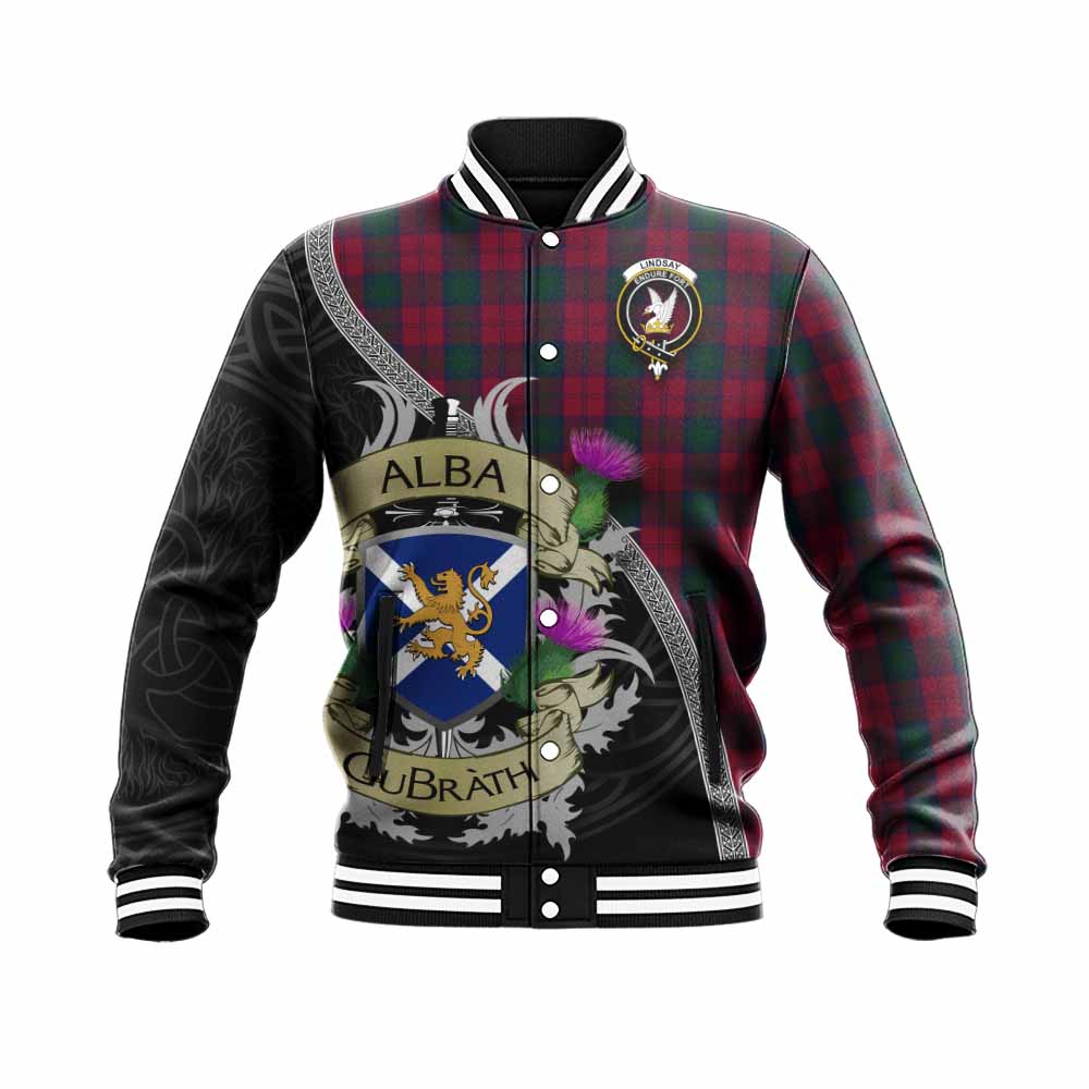 Lindsay Tartan Family Crest Baseball Jacket Lion Rampant Royal Thistle Shield Celtic Inspired Unisex - Tartan Vibes Clothing
