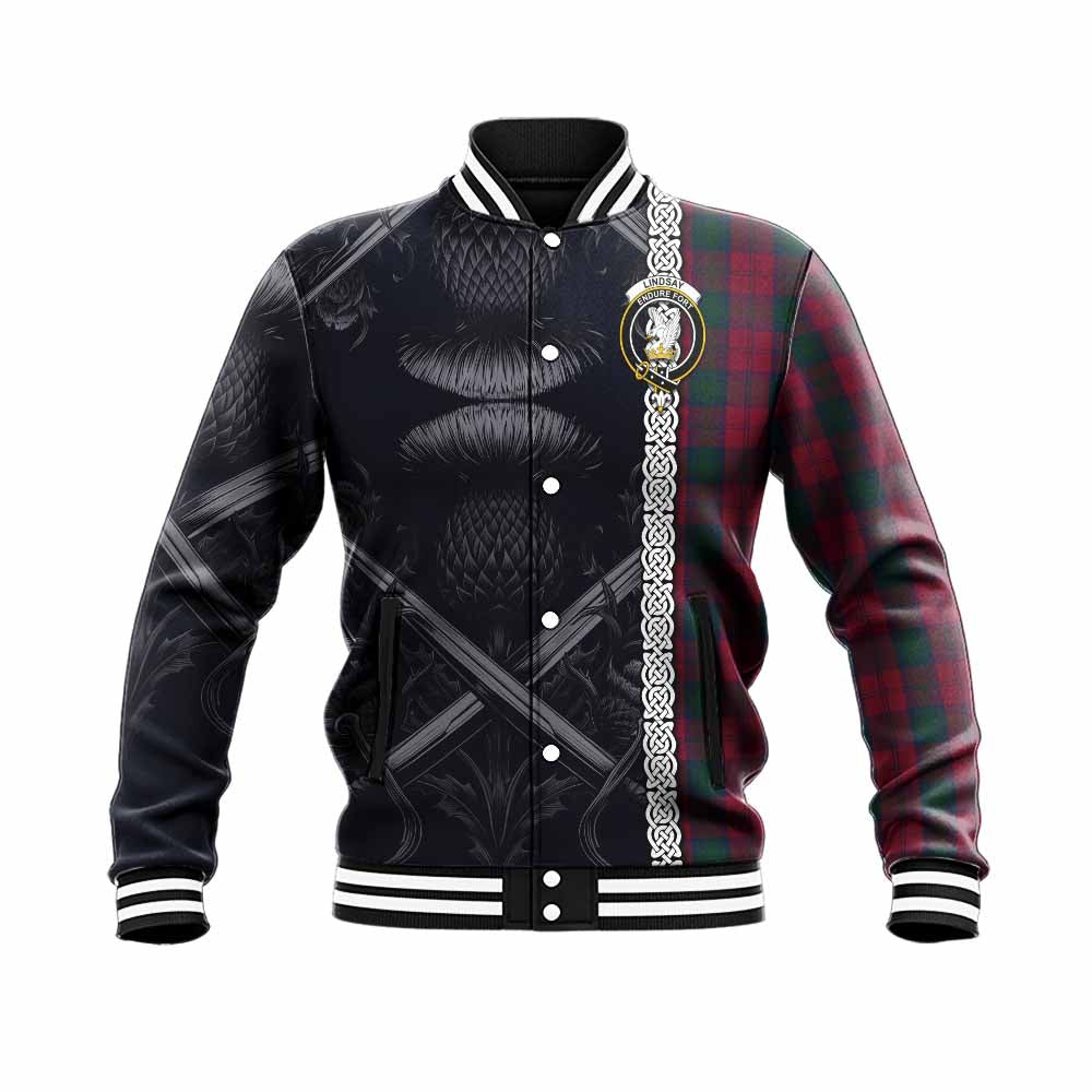 Lindsay Tartan Baseball Jacket with Family Crest Cross Sword Thistle Celtic Vibes Unisex - Tartan Vibes Clothing