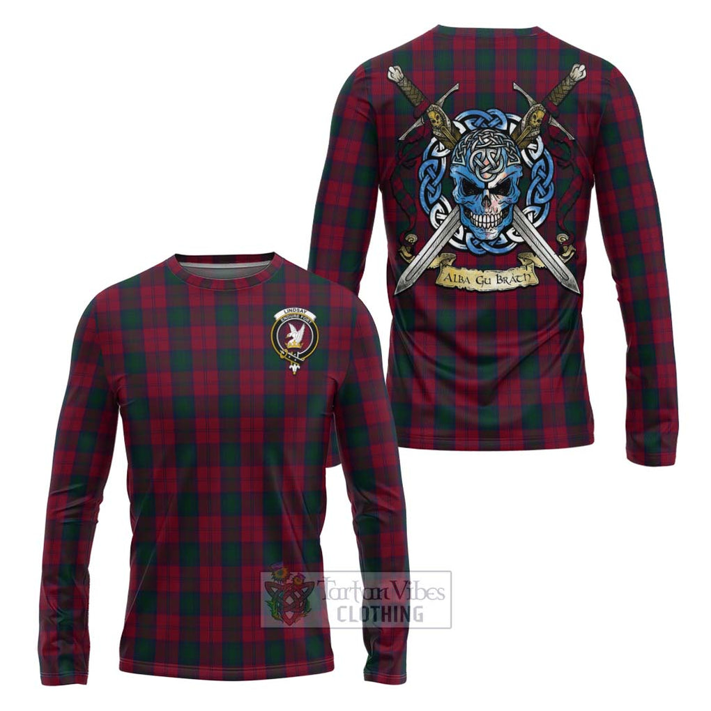 Tartan Vibes Clothing Lindsay Tartan Long Sleeve T-Shirt with Family Crest Celtic Skull Style