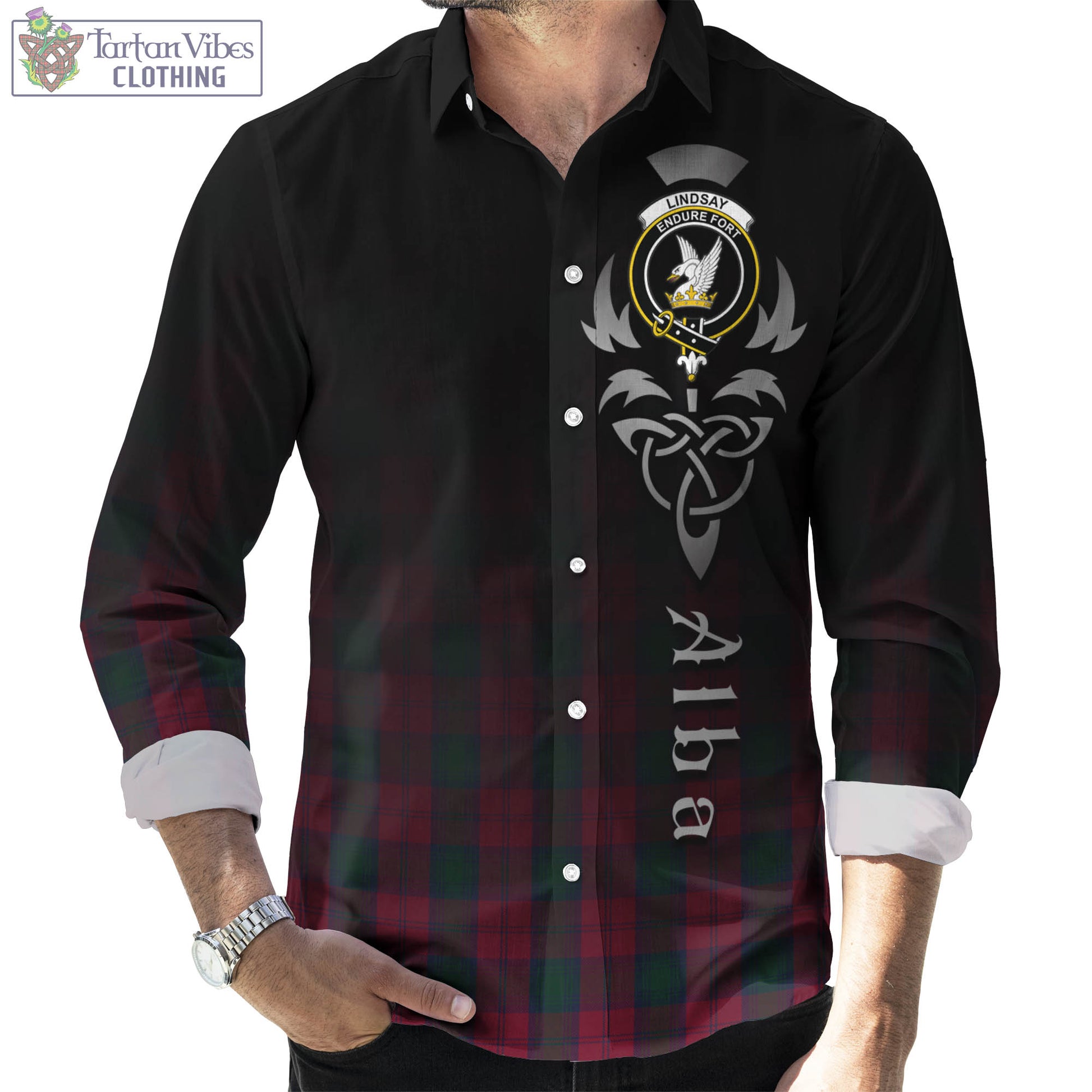 Tartan Vibes Clothing Lindsay Tartan Long Sleeve Button Up Featuring Alba Gu Brath Family Crest Celtic Inspired