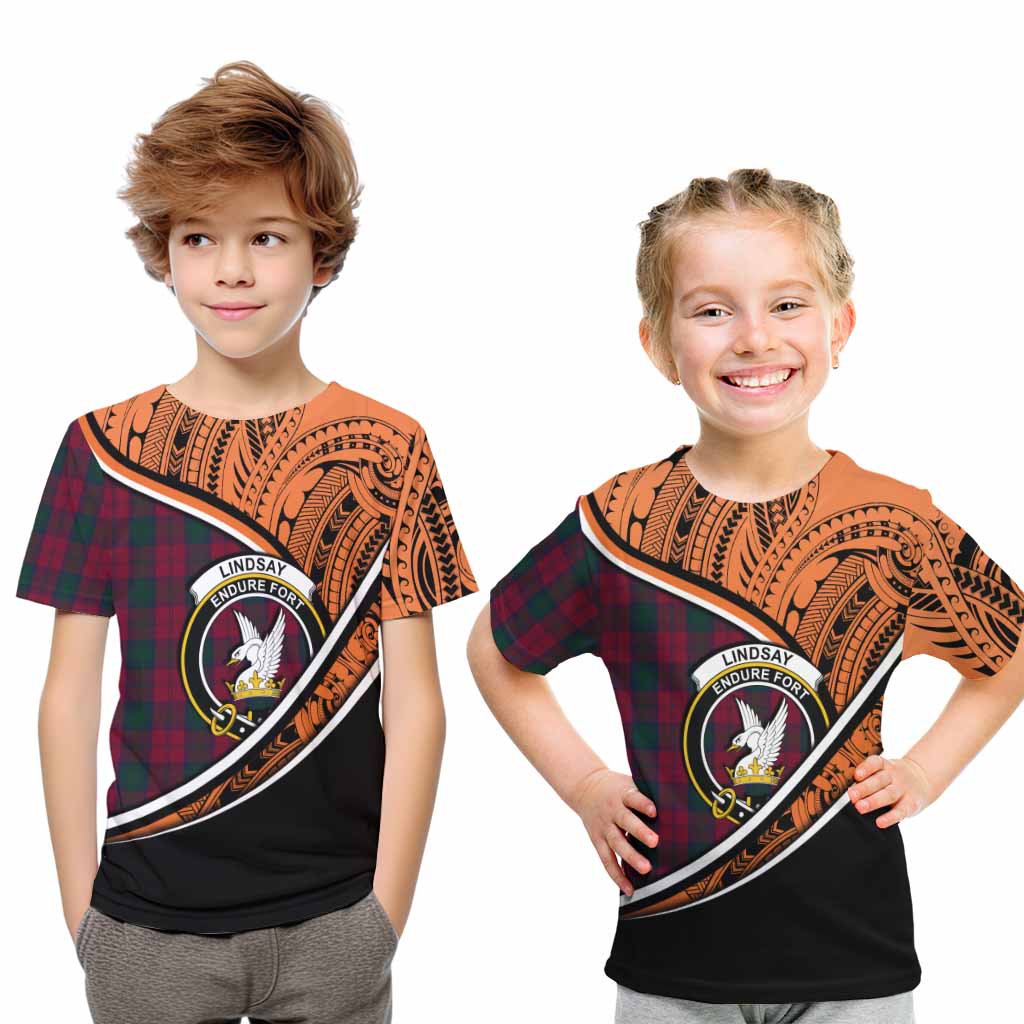 Tartan Vibes Clothing Lindsay Crest Tartan Kid T-Shirt with Maori Tattoo Style - Orange Version