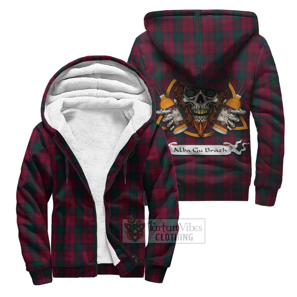 Tartan Vibes Clothing Lindsay Tartan Sherpa Hoodie with Family Crest and Bearded Skull Holding Bottles of Whiskey