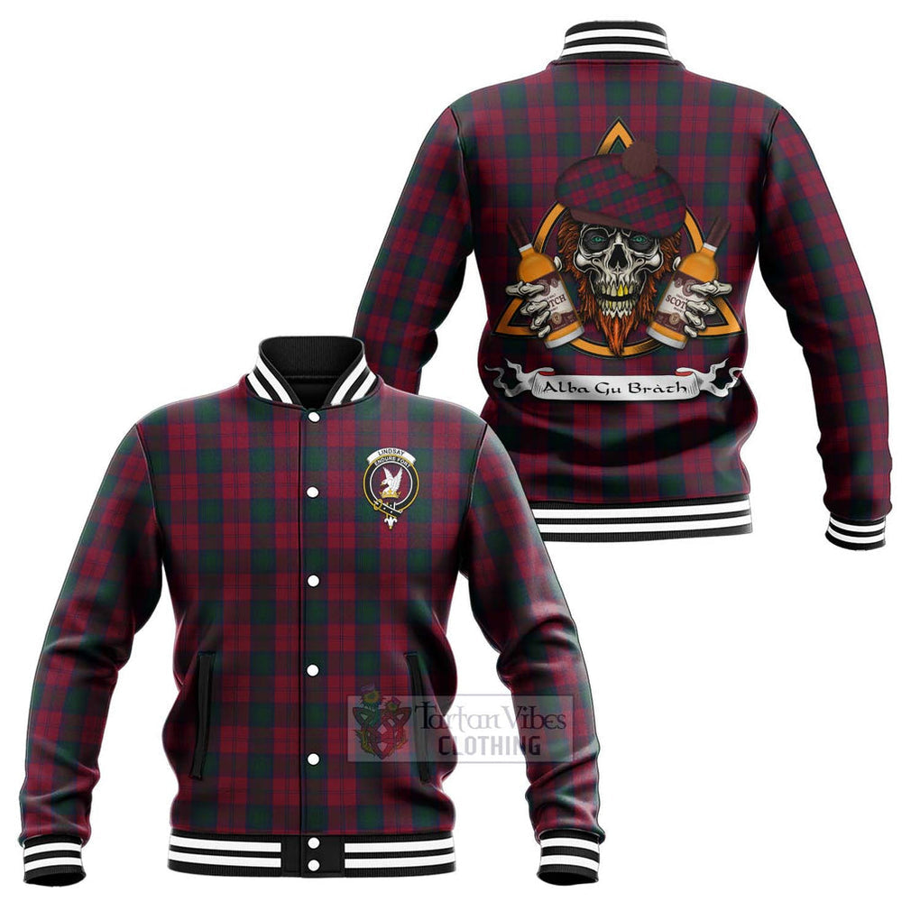 Tartan Vibes Clothing Lindsay Tartan Baseball Jacket with Family Crest and Bearded Skull Holding Bottles of Whiskey