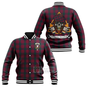 Lindsay Tartan Baseball Jacket with Family Crest and Bearded Skull Holding Bottles of Whiskey