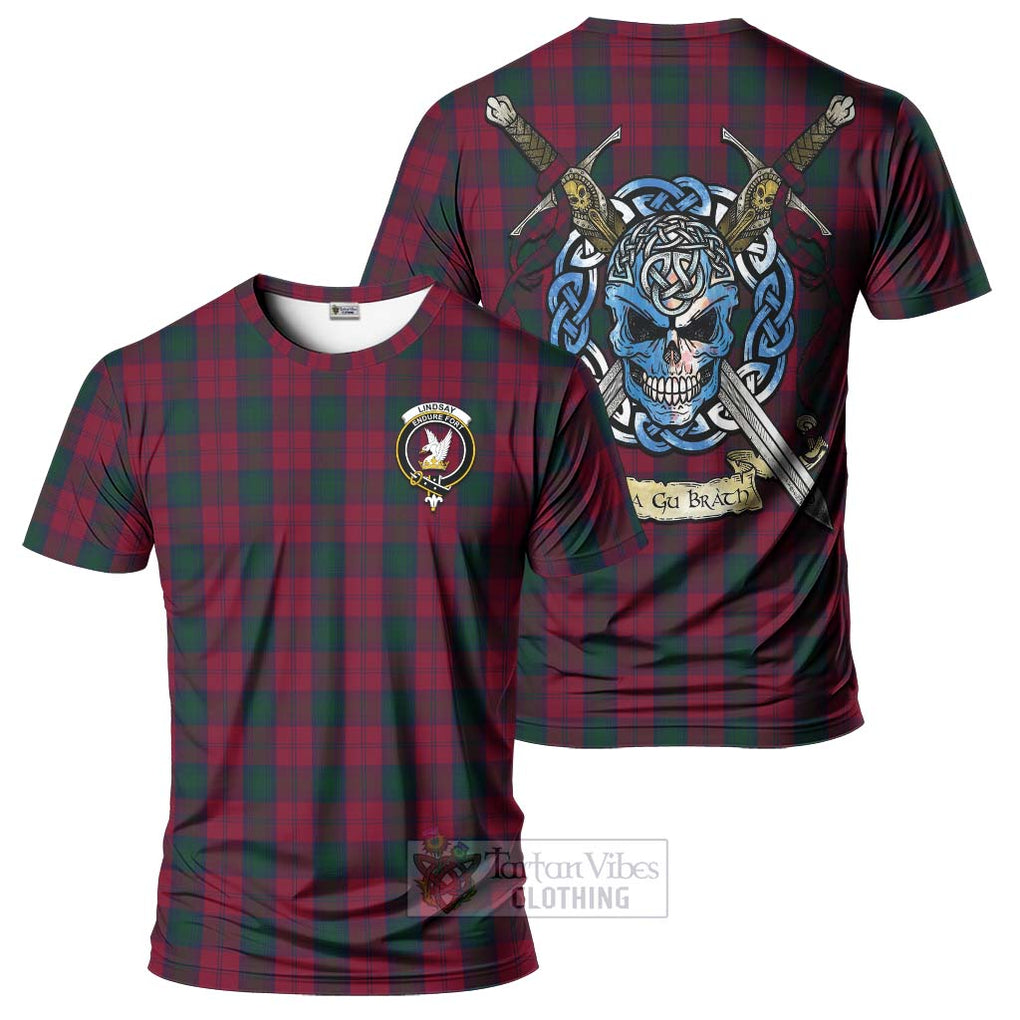 Tartan Vibes Clothing Lindsay Tartan T-Shirt with Family Crest Celtic Skull Style