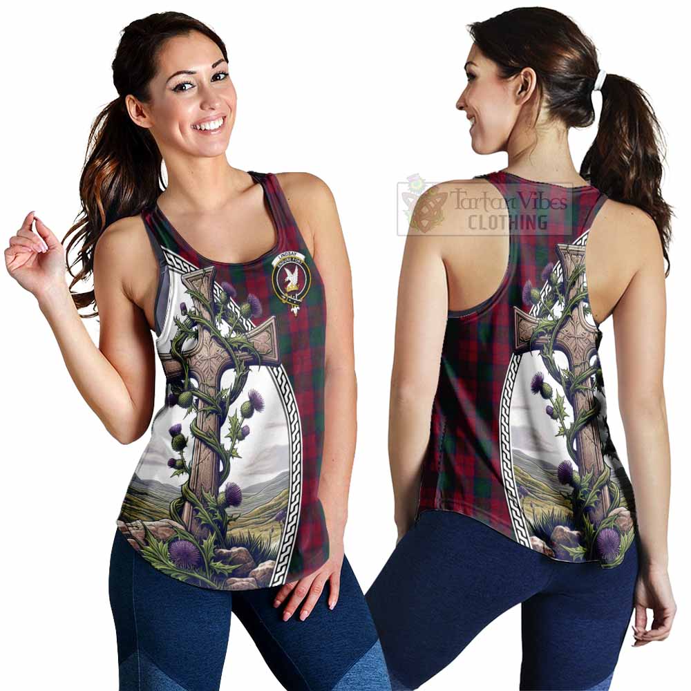 Tartan Vibes Clothing Lindsay Tartan Women's Racerback Tanks with Family Crest and St. Andrew's Cross Accented by Thistle Vines