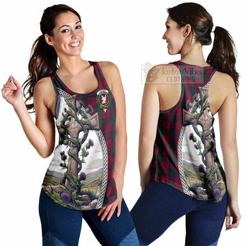 Lindsay Tartan Women's Racerback Tanks with Family Crest and St. Andrew's Cross Accented by Thistle Vines