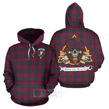 Lindsay Tartan Hoodie with Family Crest and Bearded Skull Holding Bottles of Whiskey