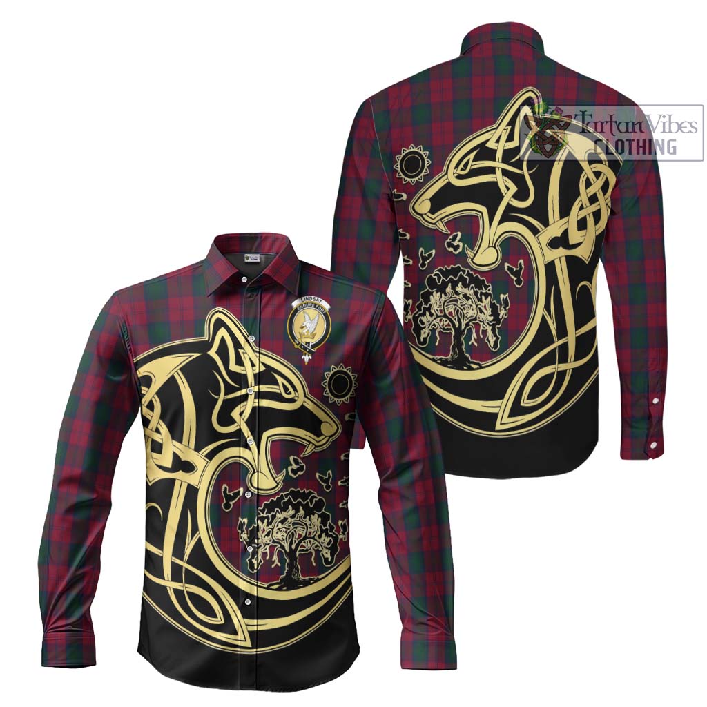 Tartan Vibes Clothing Lindsay Tartan Long Sleeve Button Shirt with Family Crest Celtic Wolf Style