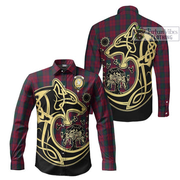 Lindsay Tartan Long Sleeve Button Shirt with Family Crest Celtic Wolf Style