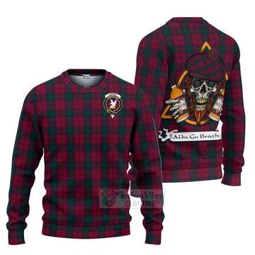 Lindsay Tartan Ugly Sweater with Family Crest and Bearded Skull Holding Bottles of Whiskey