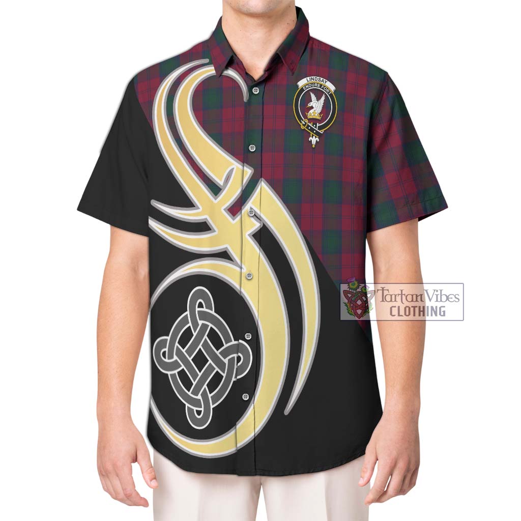 Lindsay Tartan Short Sleeve Button Shirt with Family Crest and Celtic Symbol Style Kid - Tartan Vibes Clothing