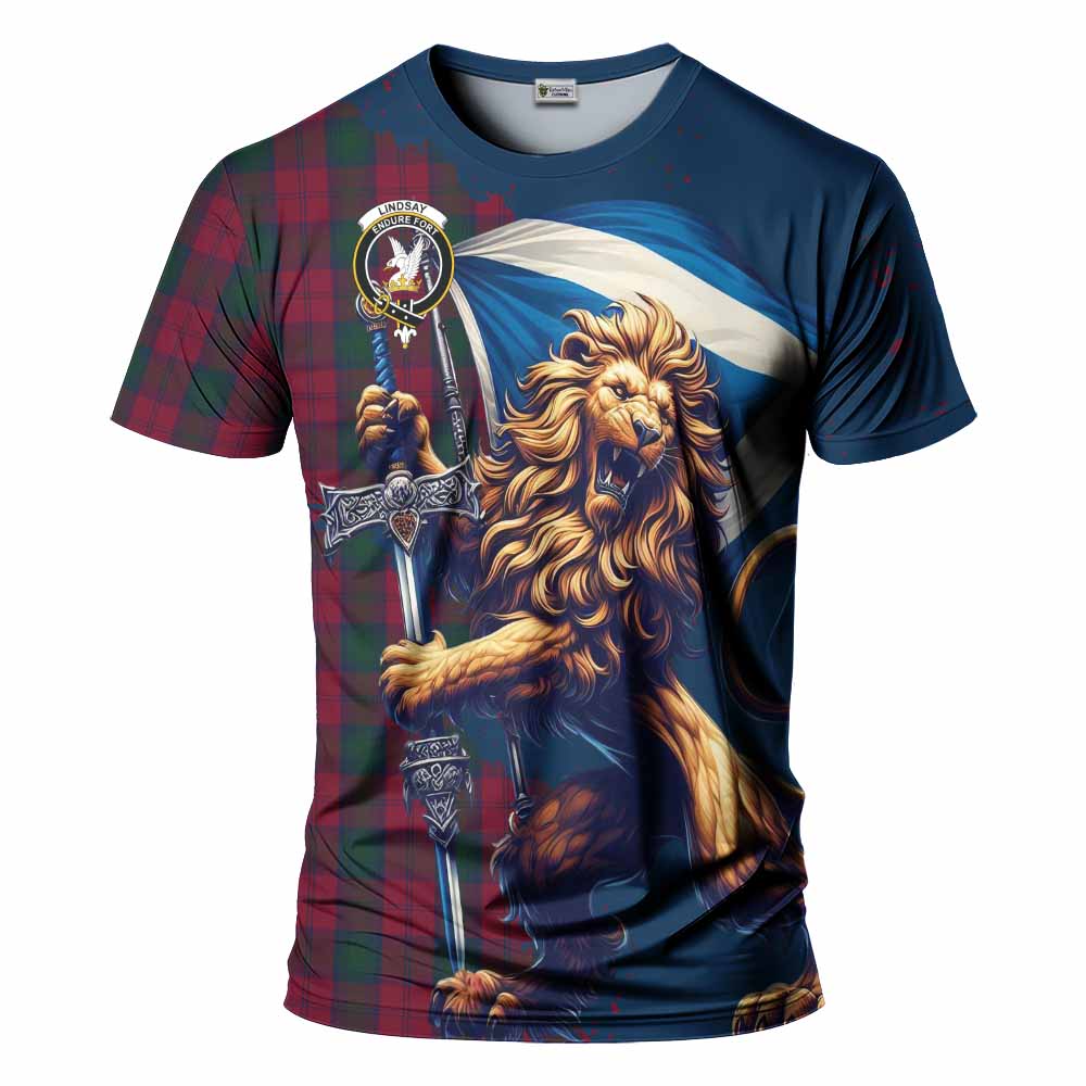 Tartan Vibes Clothing Lindsay Tartan Family Crest T-Shirt with Scottish Majestic Lion